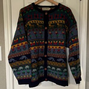 Vintage L.L. Bean Colorful Patterned Animal print Cardigan - pure wool - large
